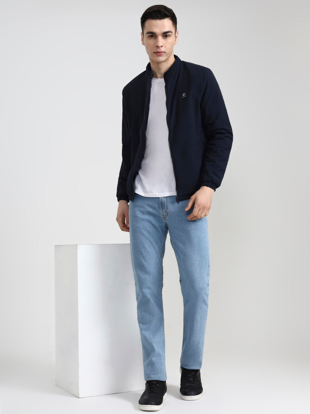 Navy Blue Solid Slim Fit Winter Jacket | Greenfibre