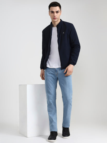 Navy Blue Solid Slim Fit Winter Jacket | Greenfibre