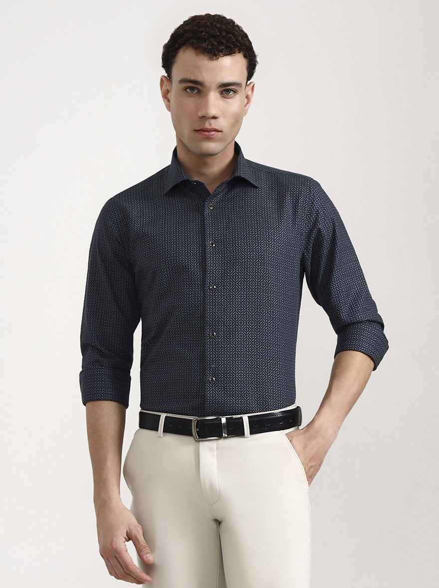 Blue & Green Printed Slim Fit Party Wear Shirt | Wyre