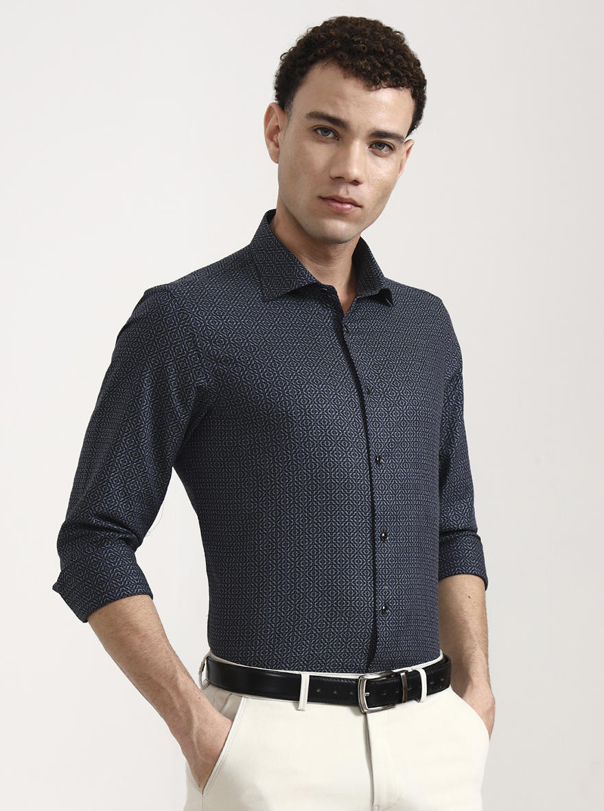 Blue & Green Printed Slim Fit Party Wear Shirt | Wyre