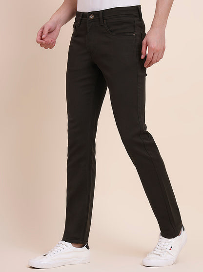 Olive Brown Solid Tailored Fit Jeans | Greenfibre