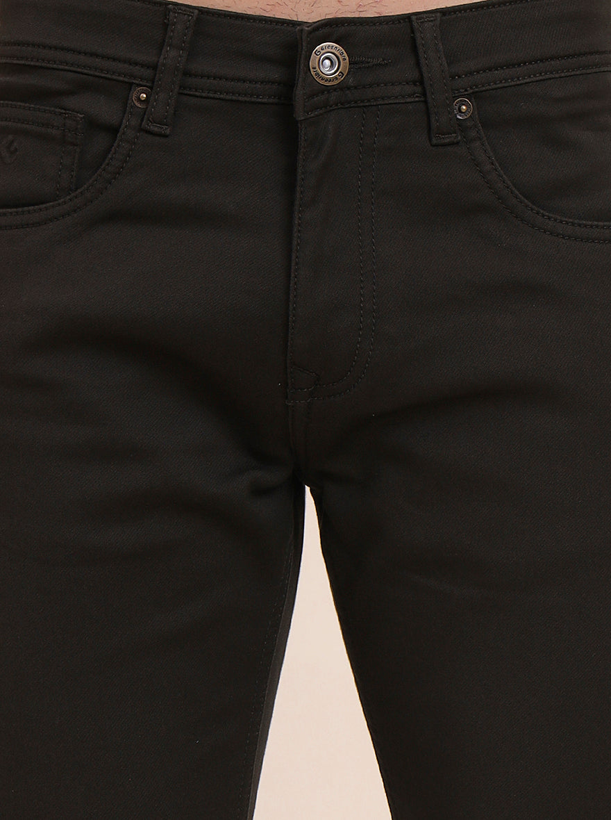 Olive Brown Solid Tailored Fit Jeans | Greenfibre