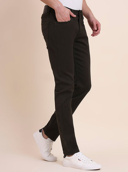 Olive Brown Solid Tailored Fit Jeans | Greenfibre