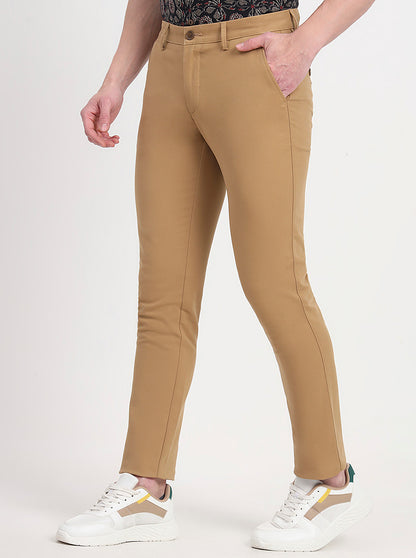 Khaki Solid Slim Fit Casual Trouser | JadeBlue