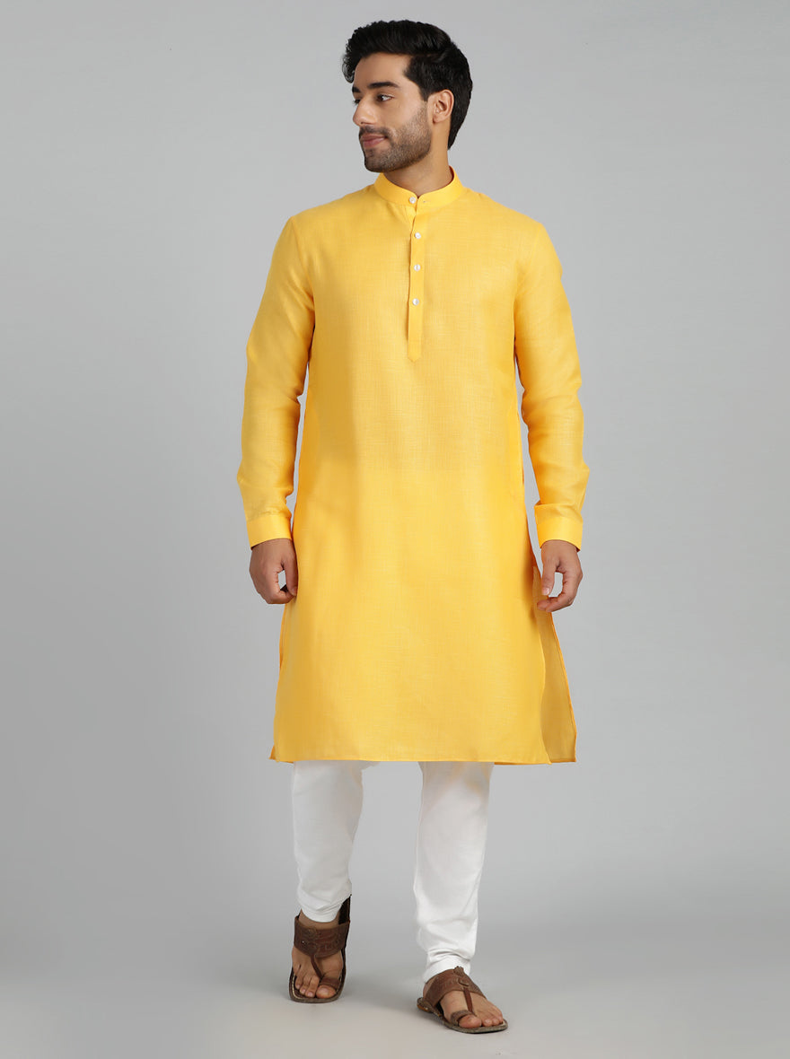 Yellow Solid Regular Fit Modi Kurta | JadeBlue