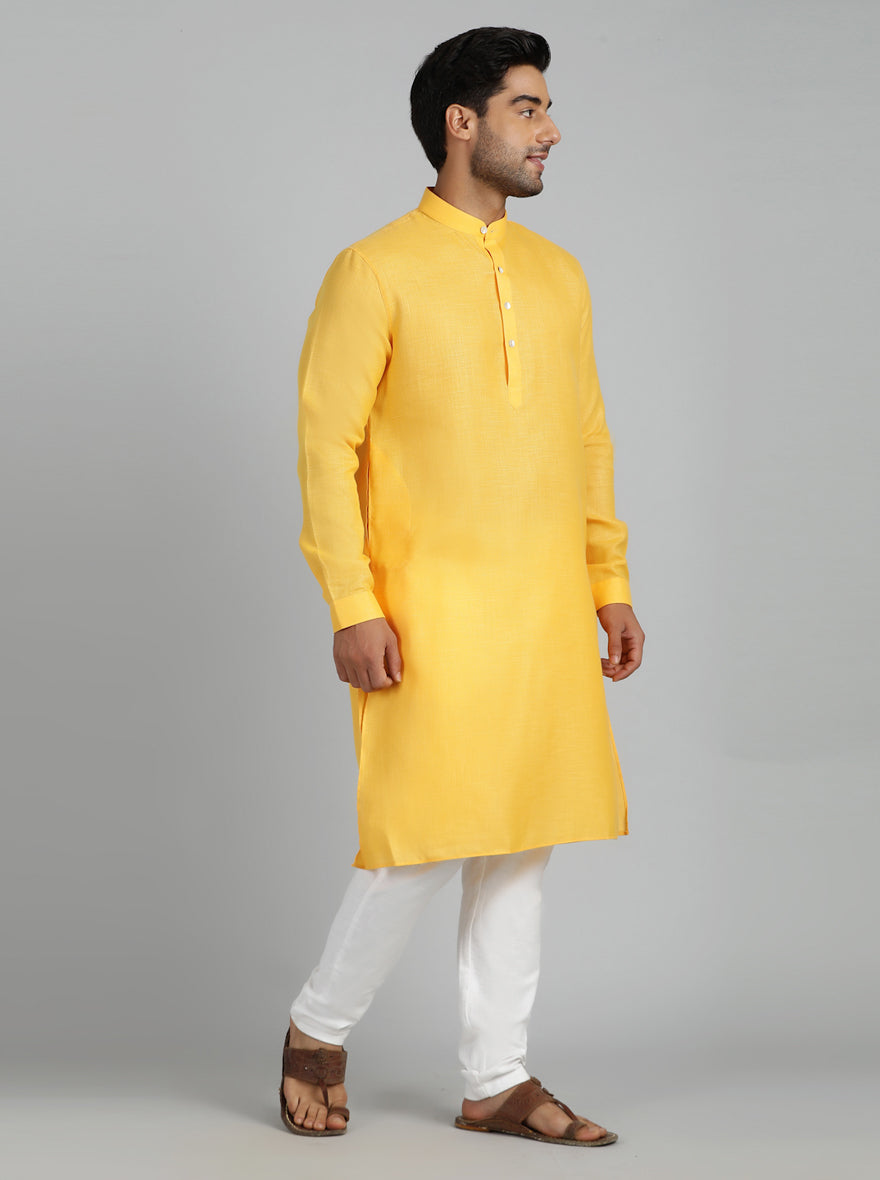 Yellow Solid Regular Fit Modi Kurta | JadeBlue