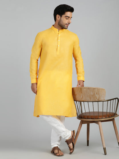 Yellow Solid Regular Fit Modi Kurta | JadeBlue