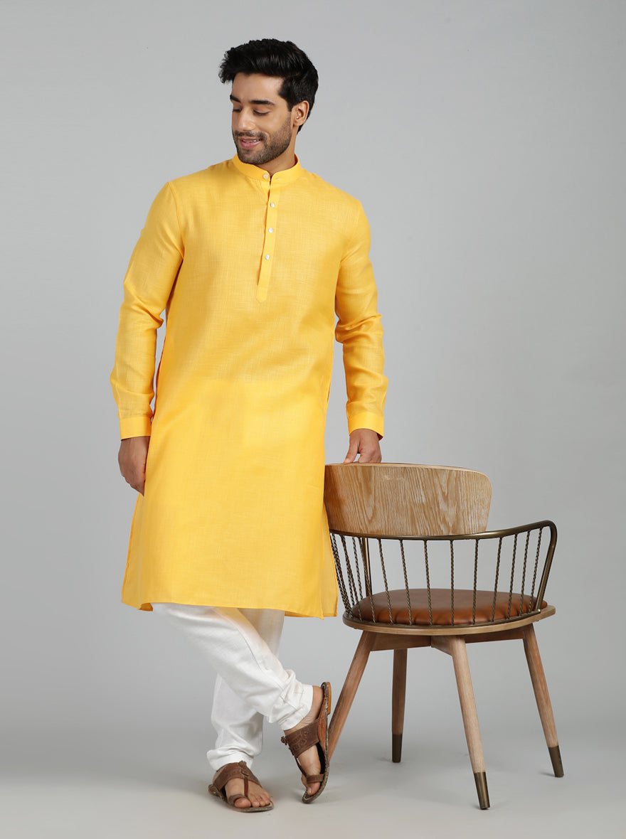 Yellow Solid Regular Fit Modi Kurta | JadeBlue