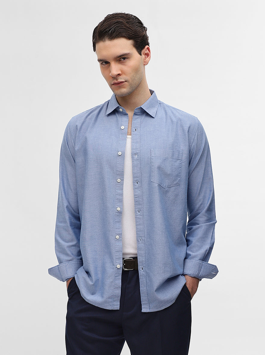Blue Solid Slim Fit Casual Shirt | JadeBlue