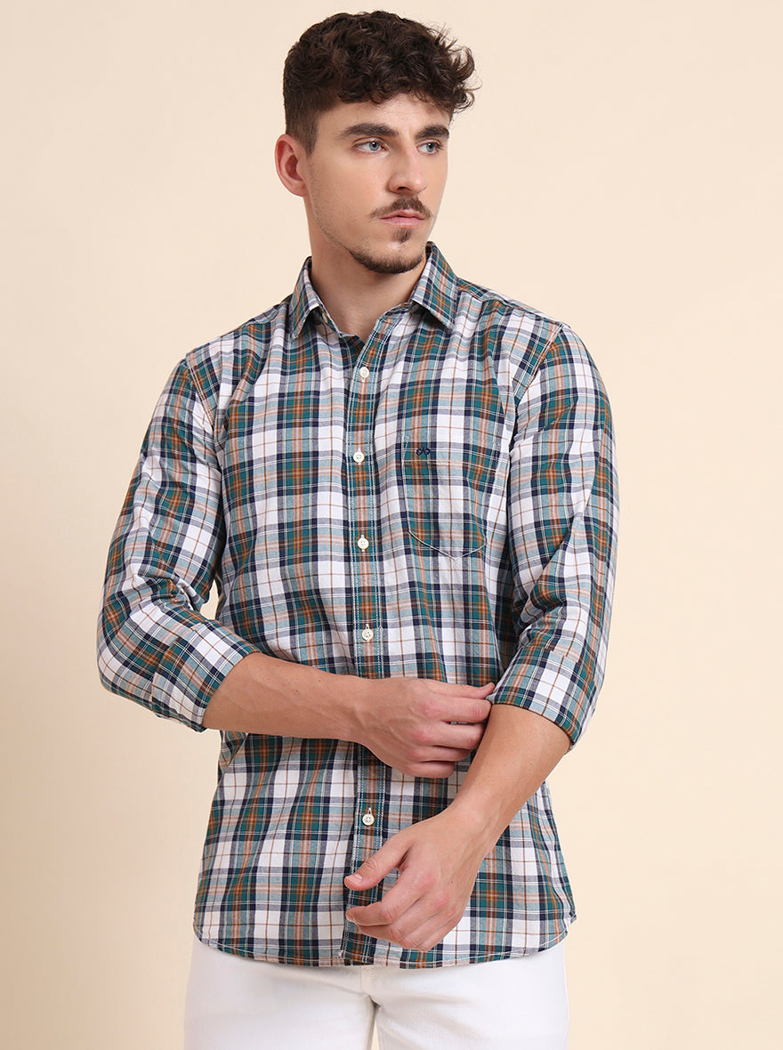Teal Green Checked Slim Fit Casual Shirt | JadeBlue