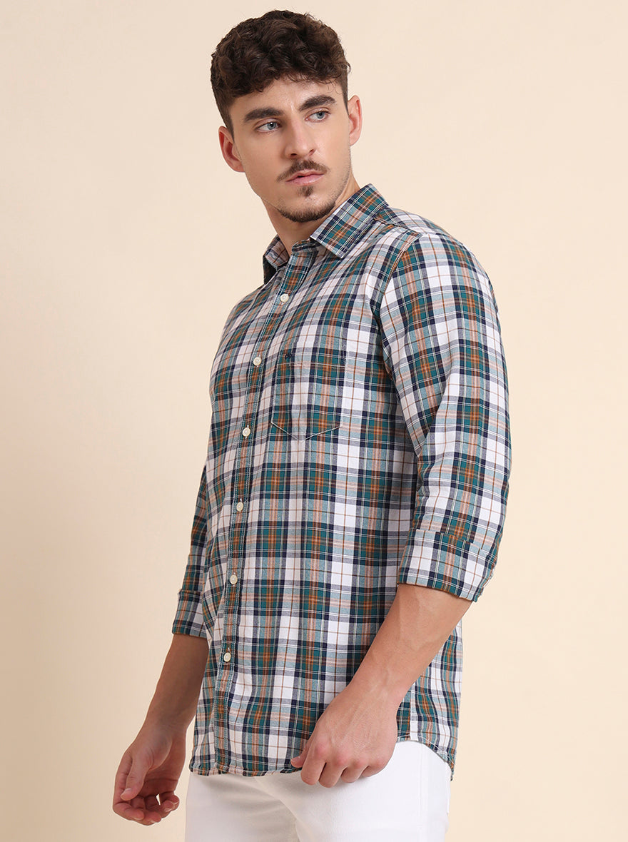 Teal Green Checked Slim Fit Casual Shirt | JadeBlue