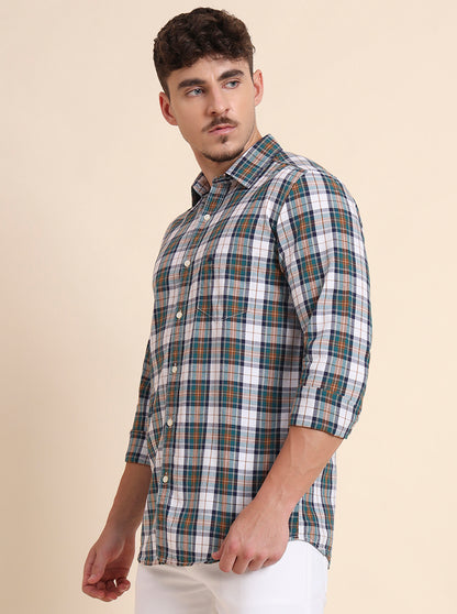 Teal Green Checked Slim Fit Casual Shirt | JadeBlue