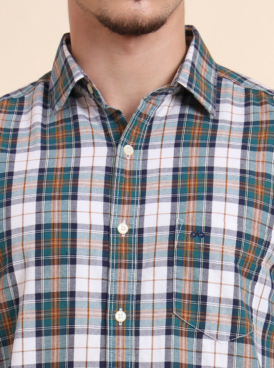 Teal Green Checked Slim Fit Casual Shirt | JadeBlue