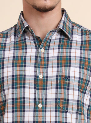 Teal Green Checked Slim Fit Casual Shirt | JadeBlue