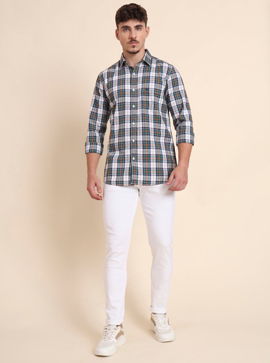 Teal Green Checked Slim Fit Casual Shirt | JadeBlue