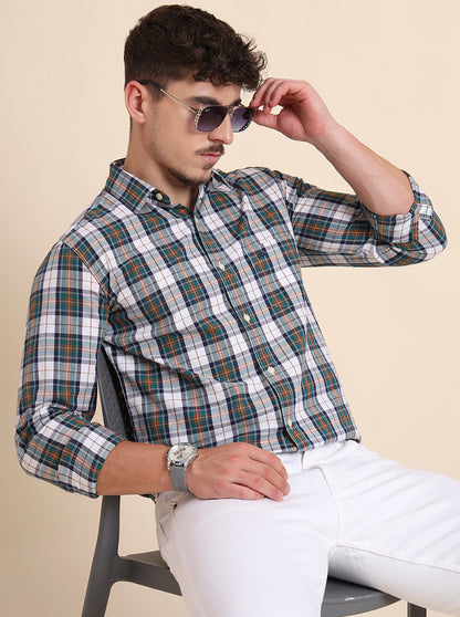 Teal Green Checked Slim Fit Casual Shirt | JadeBlue