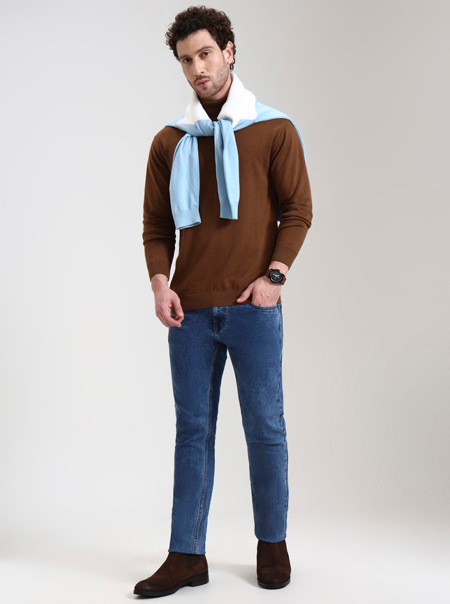 Brown Solid Slim Fit Winter T-Shirt | JadeBlue