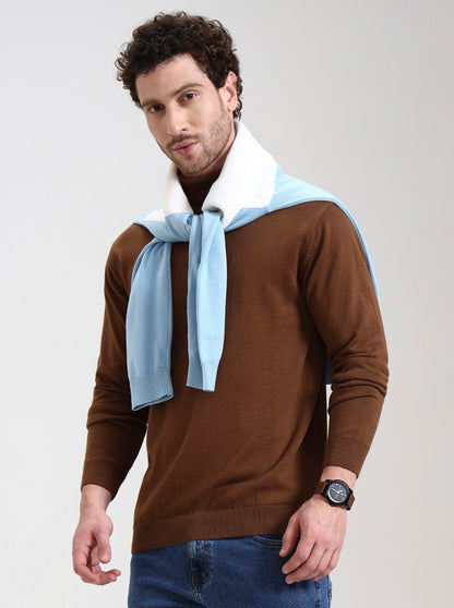 Brown Solid Slim Fit Winter T-Shirt | JadeBlue
