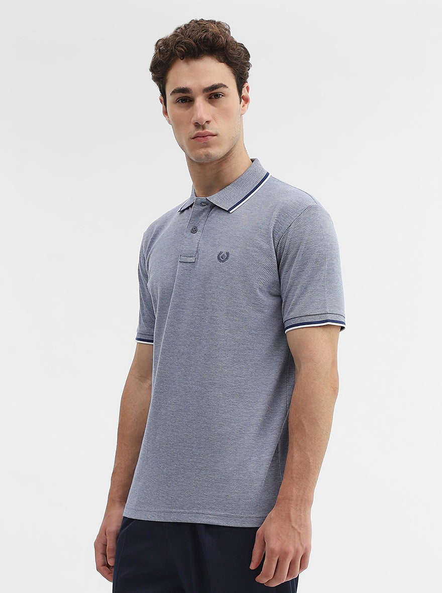 Denim Blue Solid Slim Fit Polo T-Shirt | Greenfibre