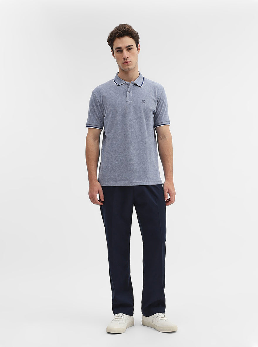 Denim Blue Solid Slim Fit Polo T-Shirt | Greenfibre