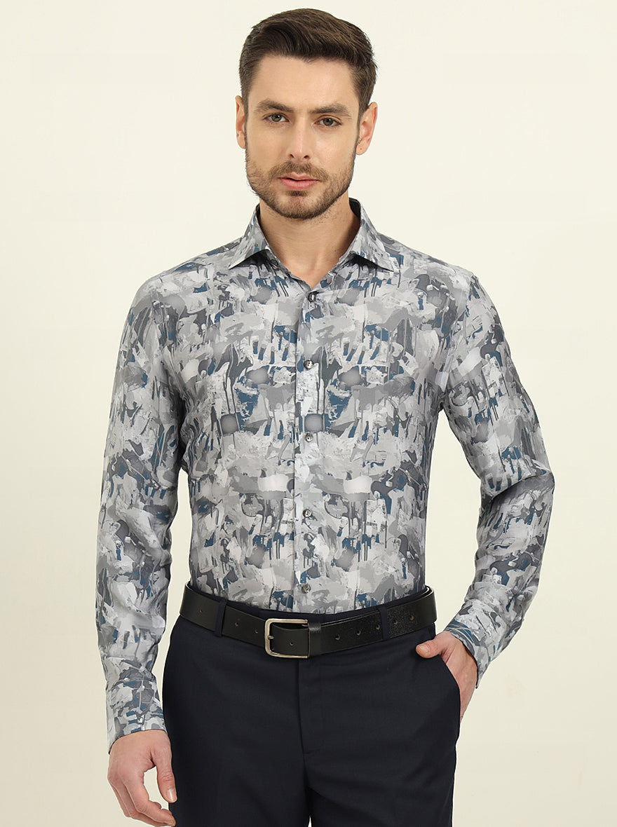 Light Grey Printed Slim Fit Party Wear Shirt | JadeBlue Super Luxe