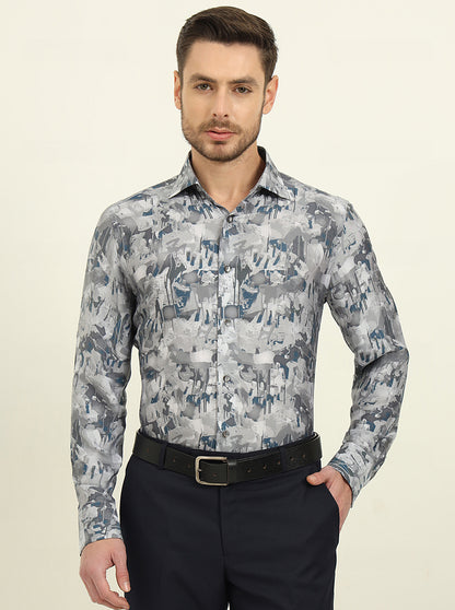 Light Grey Printed Slim Fit Party Wear Shirt | JadeBlue Super Luxe