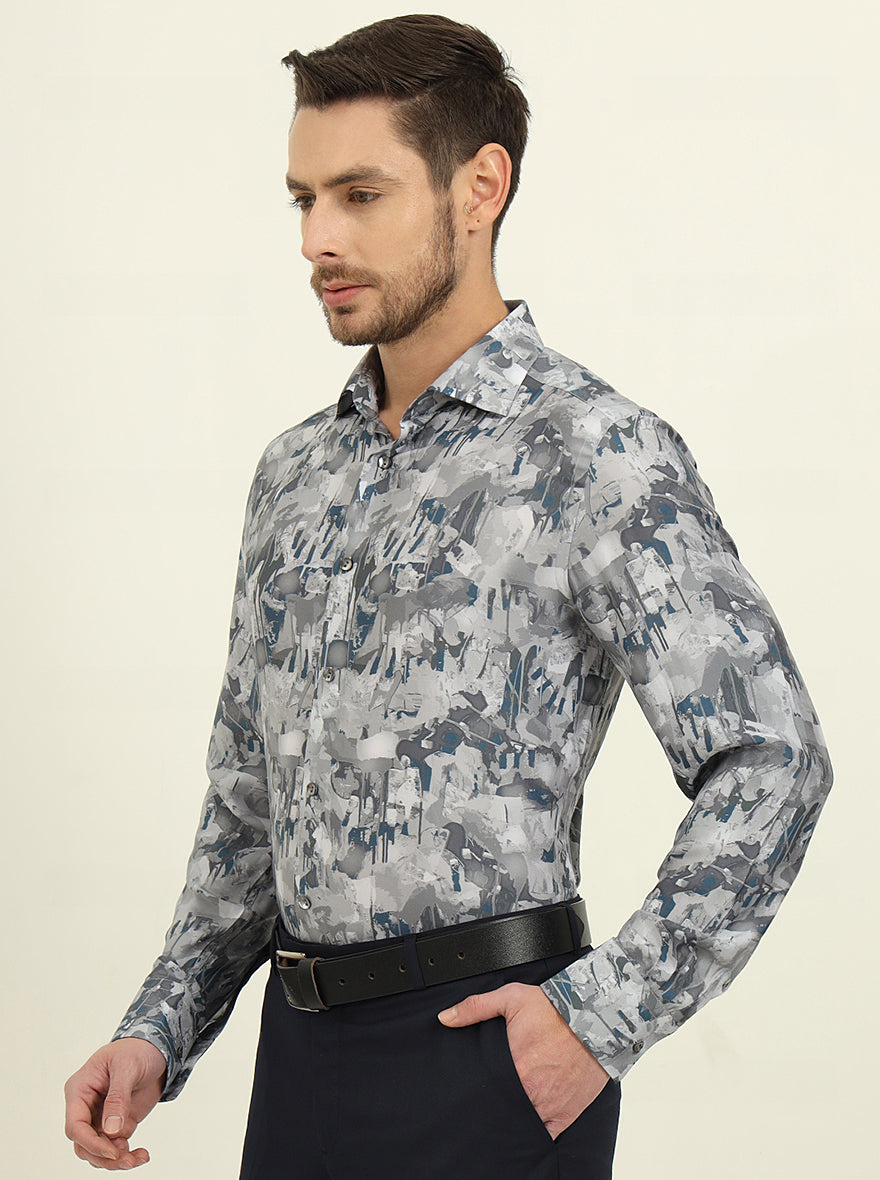 Light Grey Printed Slim Fit Party Wear Shirt | JadeBlue Super Luxe