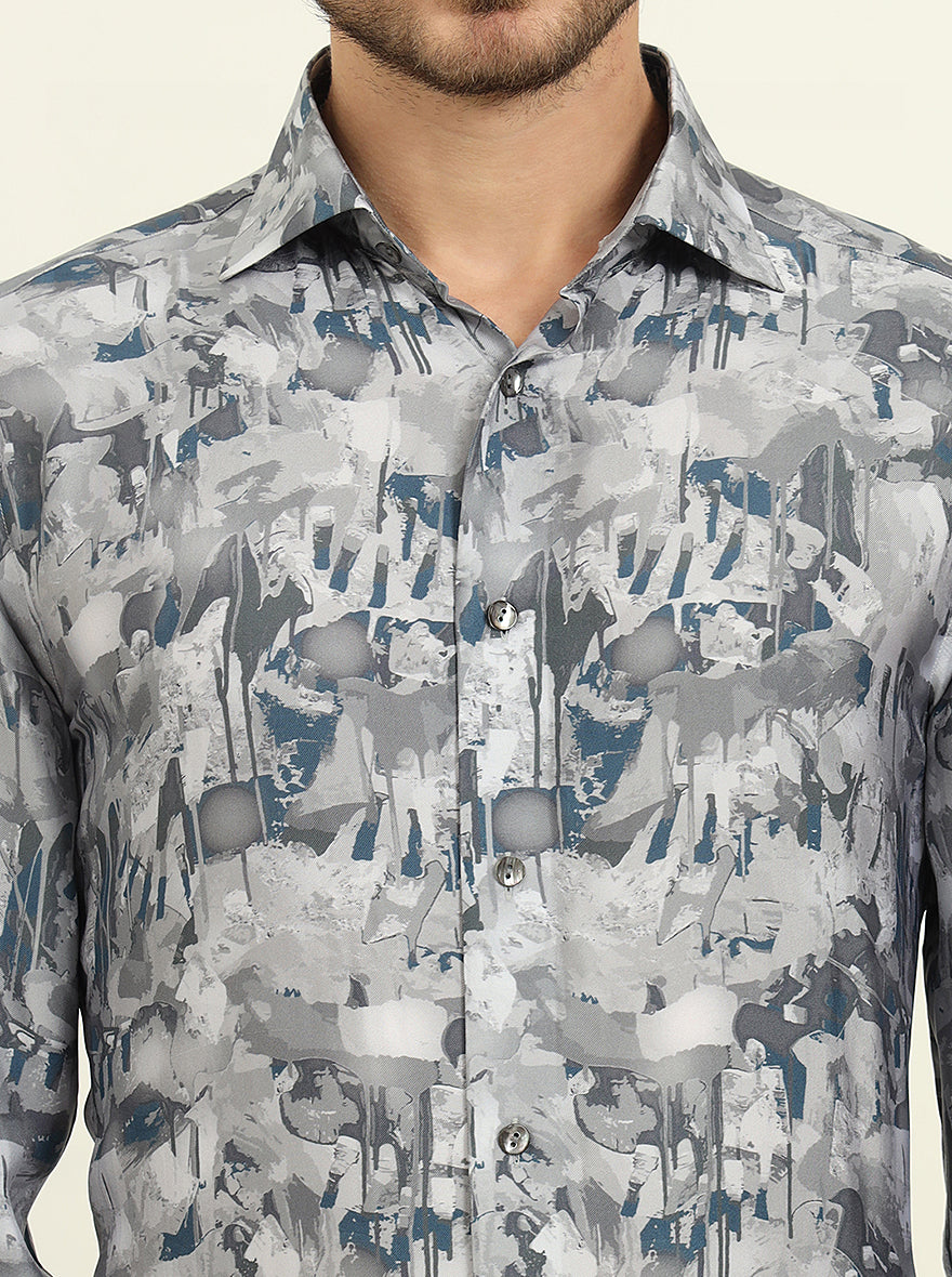 Light Grey Printed Slim Fit Party Wear Shirt | JadeBlue Super Luxe