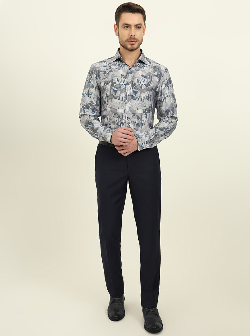 Light Grey Printed Slim Fit Party Wear Shirt | JadeBlue Super Luxe