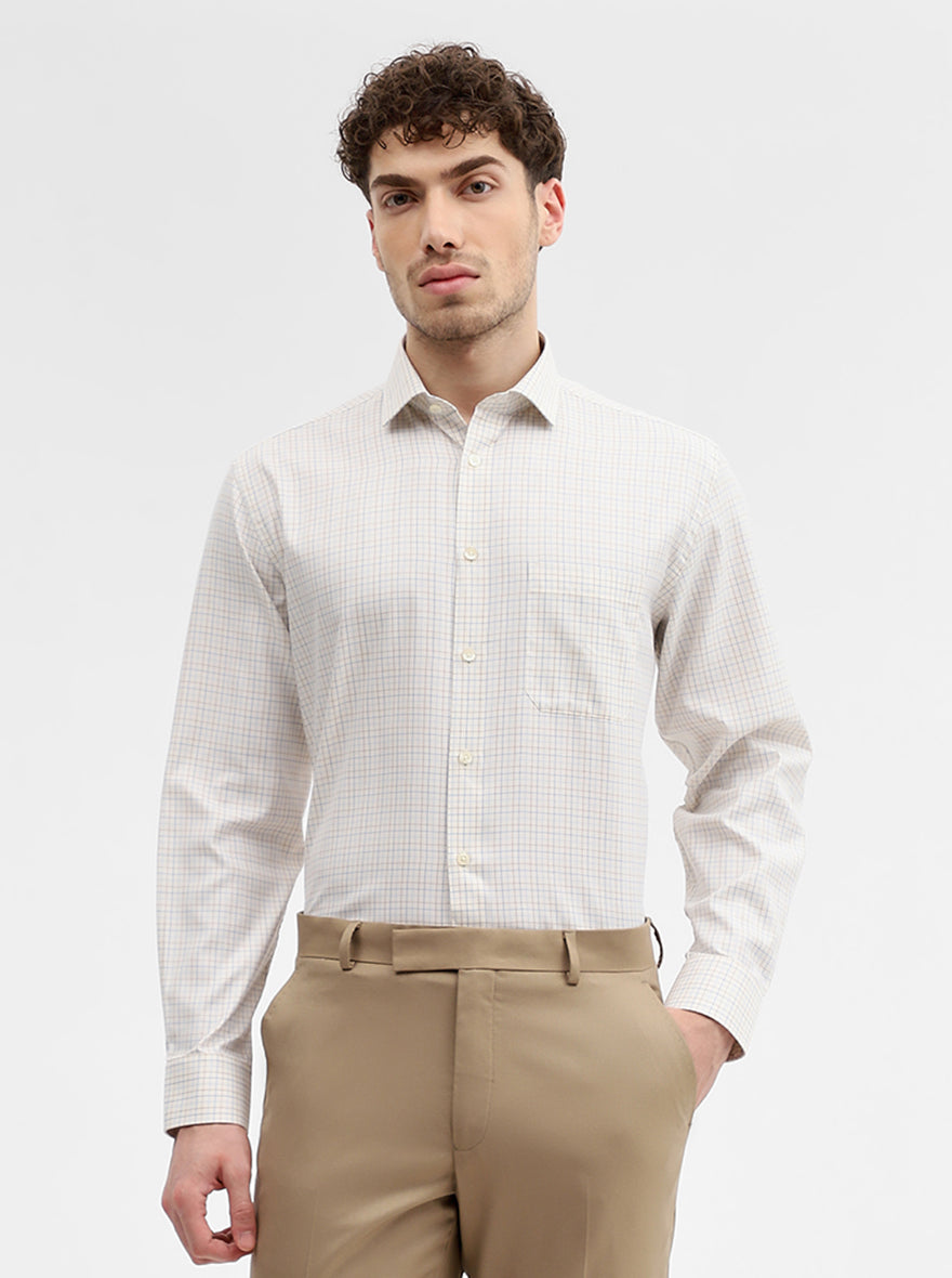Cream & Blue Checked Regular Fit Formal Shirt | Greenfibre
