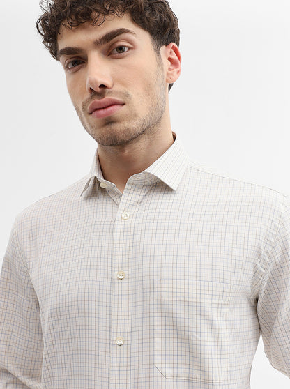 Cream & Blue Checked Regular Fit Formal Shirt | Greenfibre