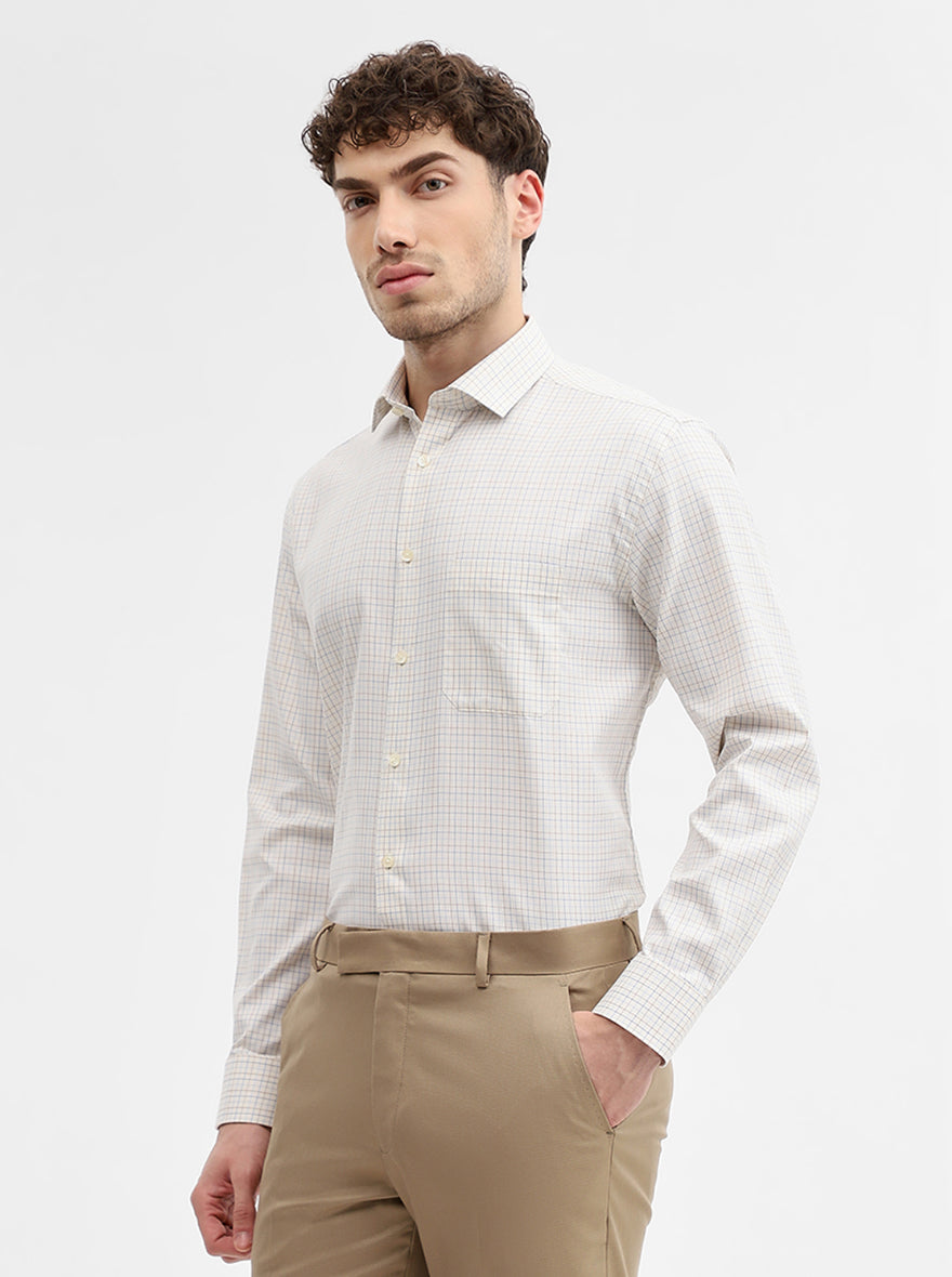 Cream & Blue Checked Regular Fit Formal Shirt | Greenfibre