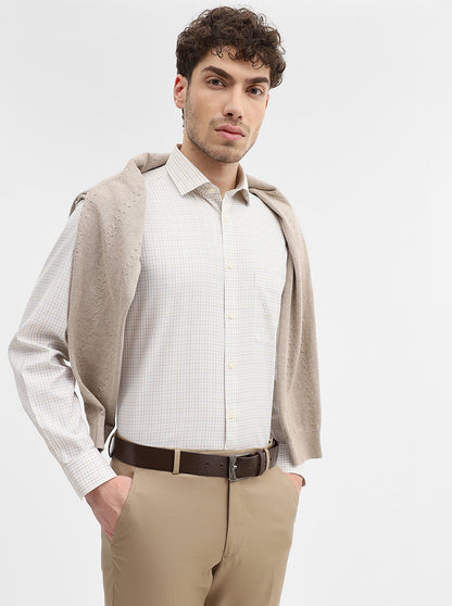 Cream & Blue Checked Regular Fit Formal Shirt | Greenfibre