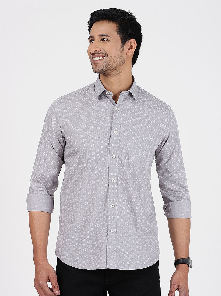 Light Grey Printed Slim Fit Semi Casual Shirt | JadeBlue