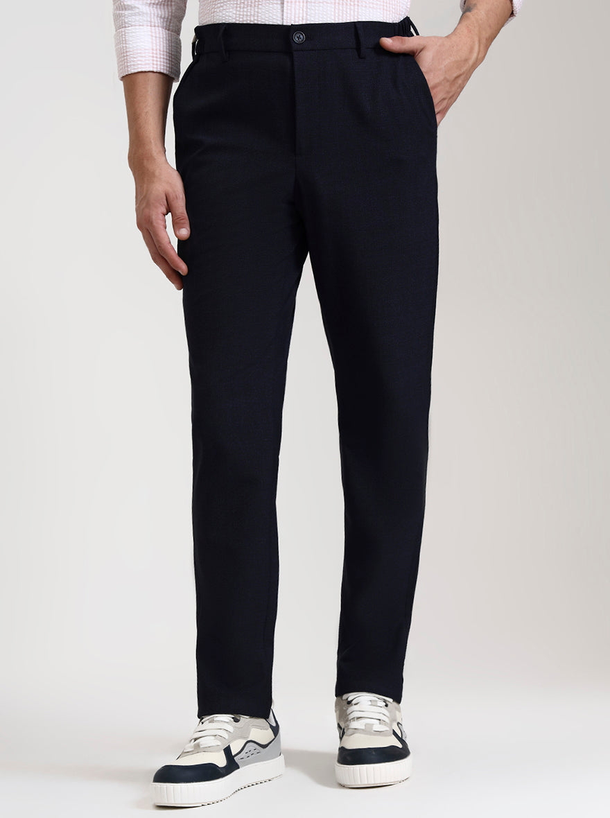 Navy Blue Checked Slim Fit Casual Trouser | JadeBlue