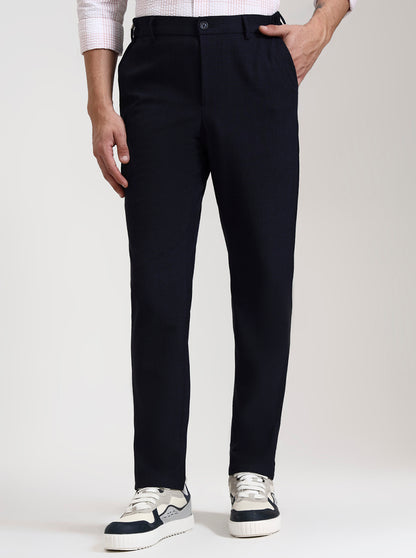 Navy Blue Checked Slim Fit Casual Trouser | JadeBlue