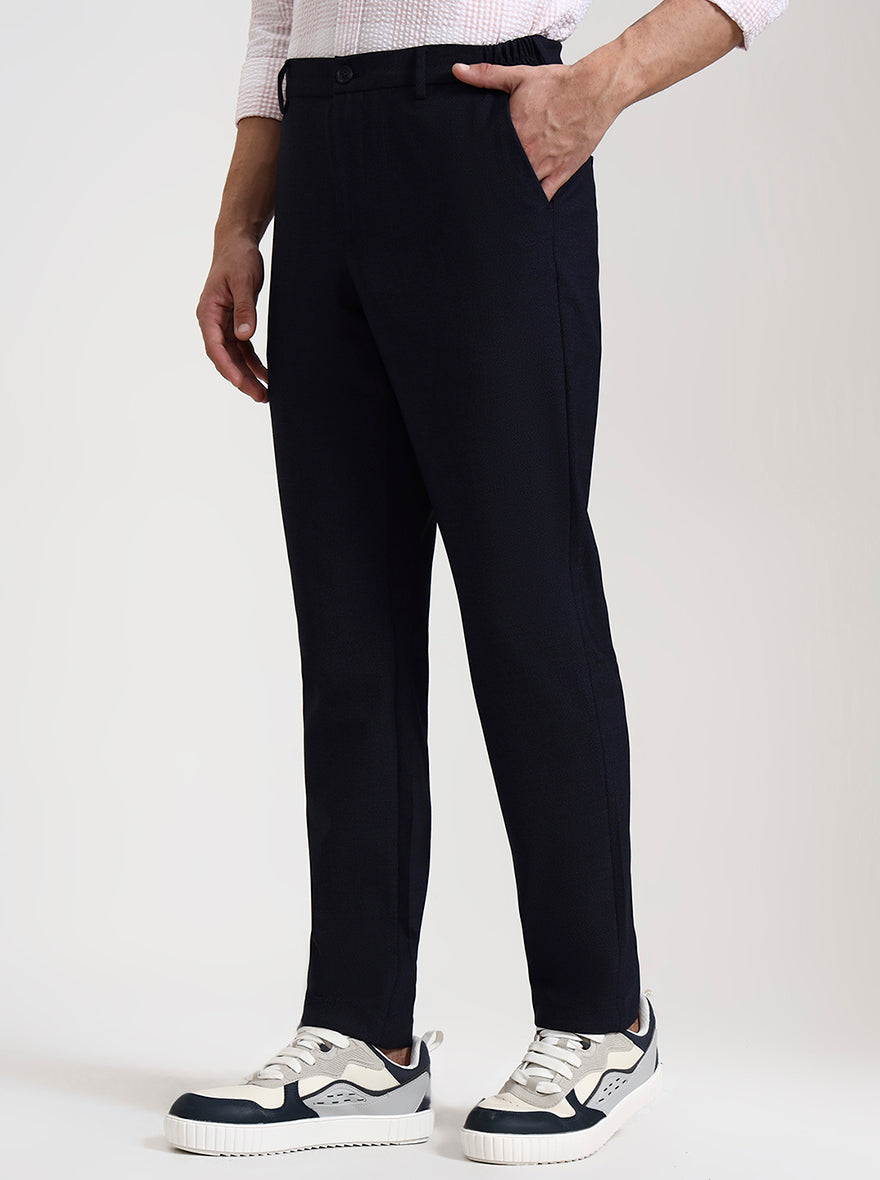 Navy Blue Checked Slim Fit Casual Trouser | JadeBlue