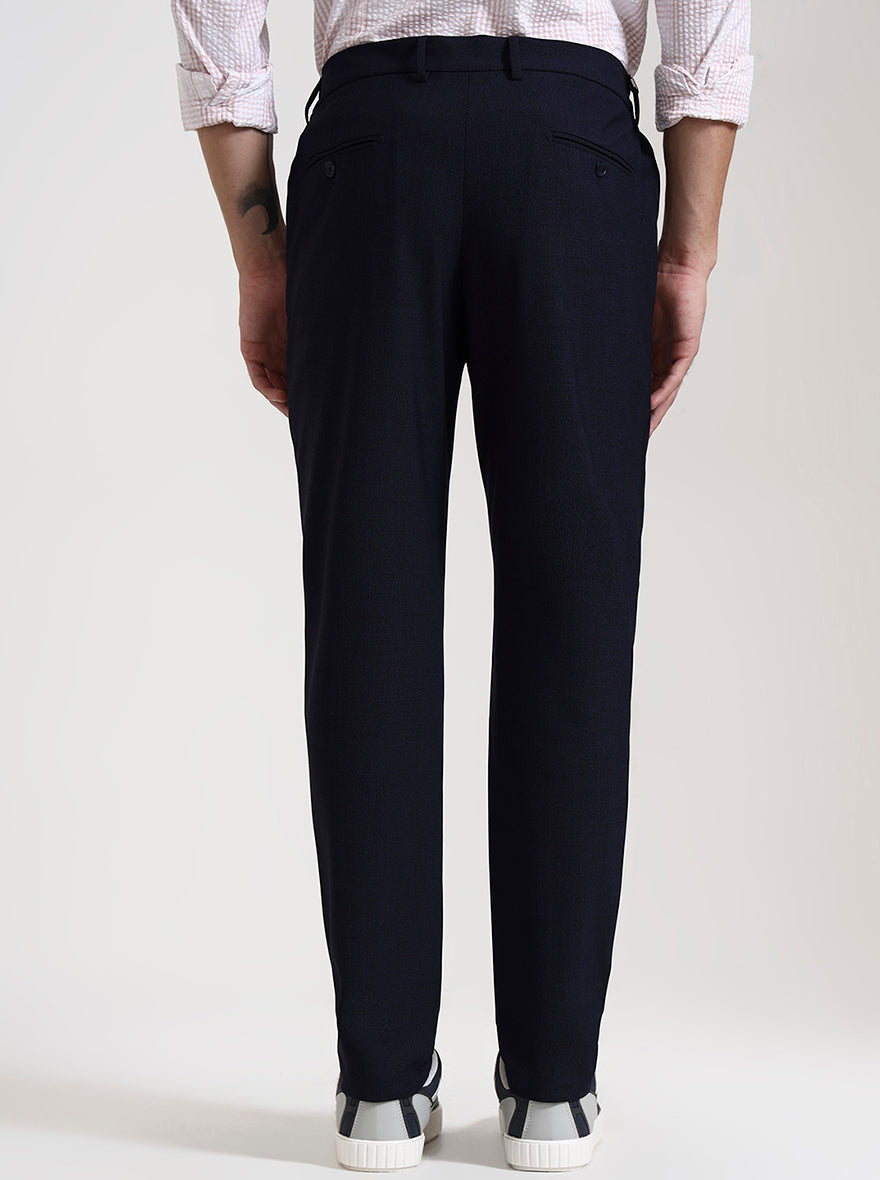 Navy Blue Checked Slim Fit Casual Trouser | JadeBlue