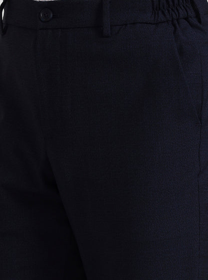 Navy Blue Checked Slim Fit Casual Trouser | JadeBlue