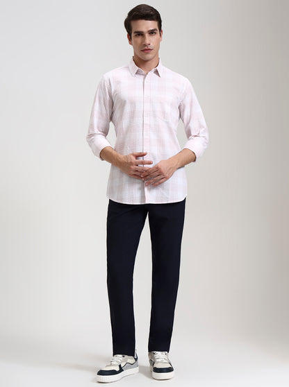 Navy Blue Checked Slim Fit Casual Trouser | JadeBlue