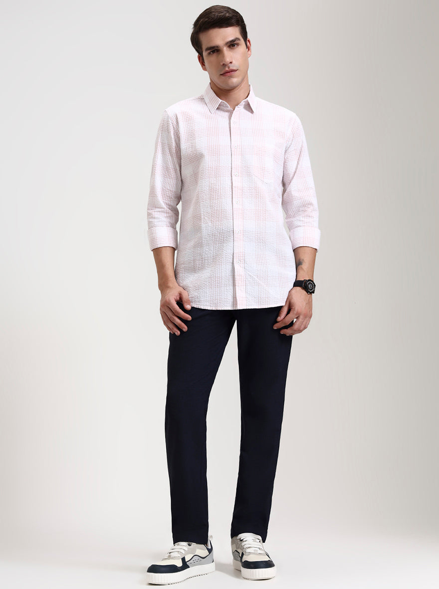 Navy Blue Checked Slim Fit Casual Trouser | JadeBlue