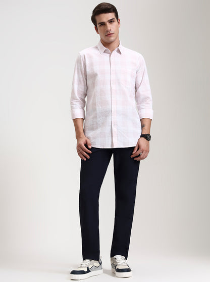 Navy Blue Checked Slim Fit Casual Trouser | JadeBlue