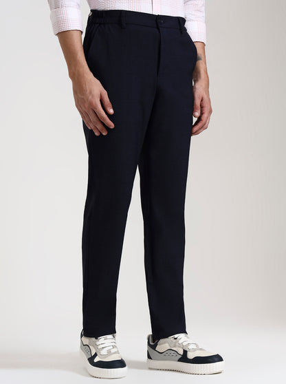 Navy Blue Checked Slim Fit Casual Trouser | JadeBlue