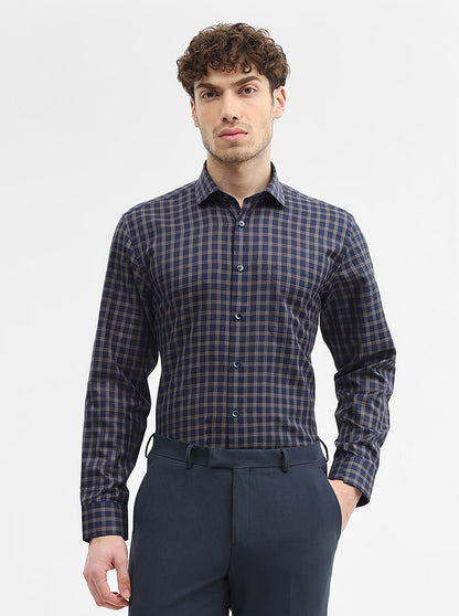 Blue & Fawn Checked Regular Fit Formal Shirt | Greenfibre