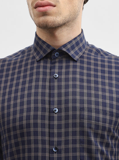 Blue & Fawn Checked Regular Fit Formal Shirt | Greenfibre