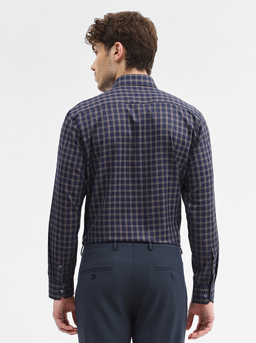 Blue & Fawn Checked Regular Fit Formal Shirt | Greenfibre