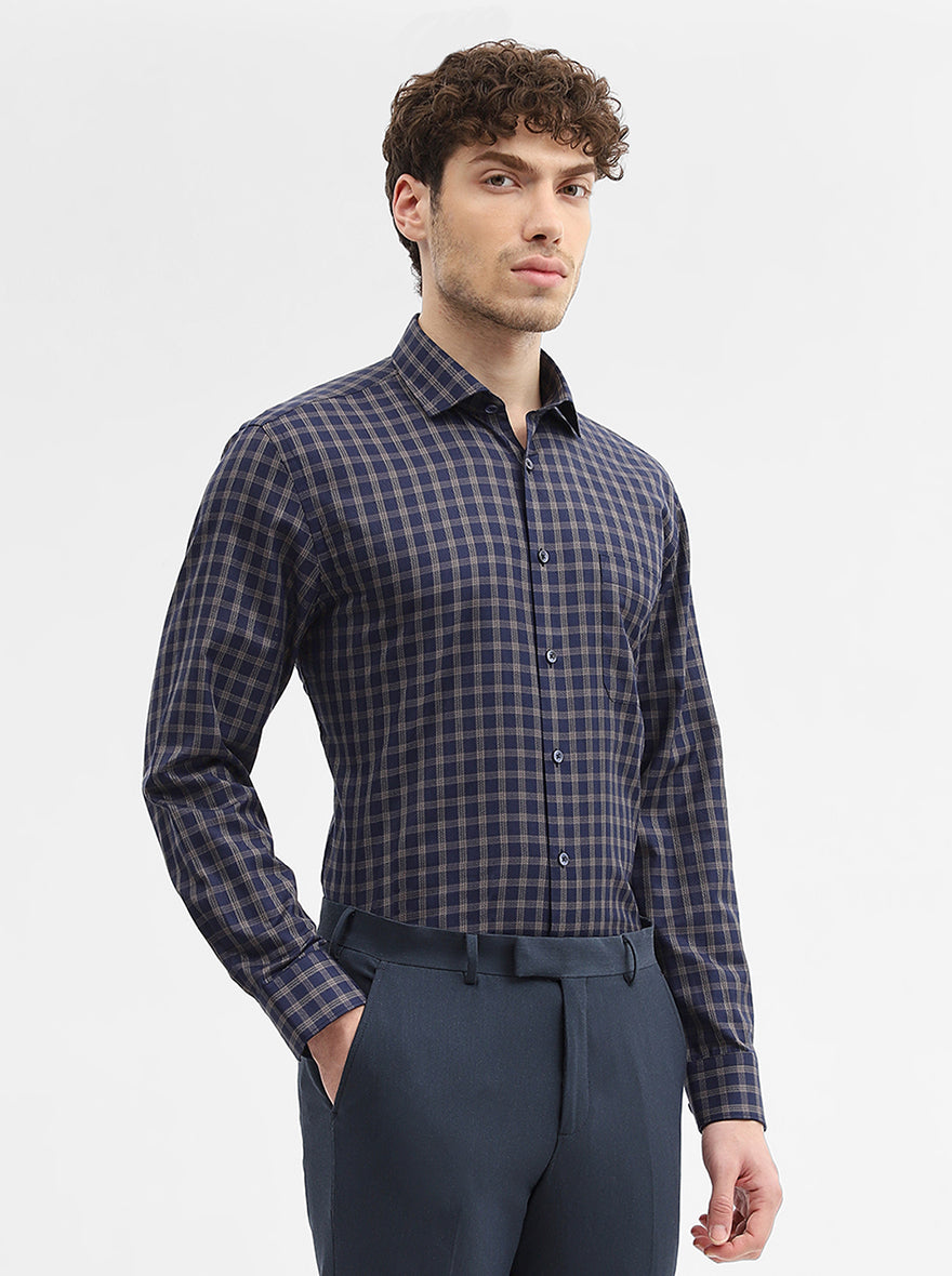 Blue & Fawn Checked Regular Fit Formal Shirt | Greenfibre