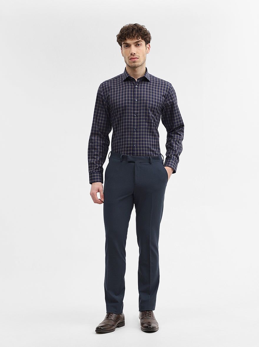 Blue & Fawn Checked Regular Fit Formal Shirt | Greenfibre