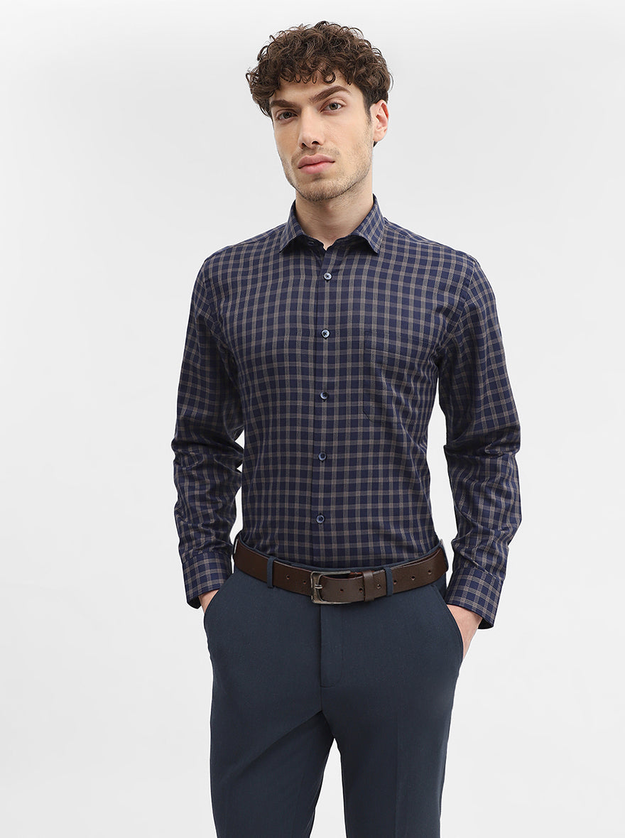 Blue & Fawn Checked Regular Fit Formal Shirt | Greenfibre