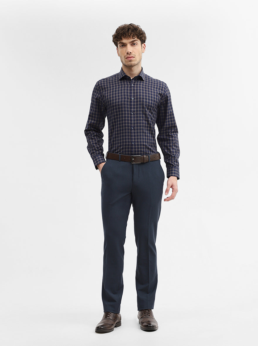 Blue & Fawn Checked Regular Fit Formal Shirt | Greenfibre
